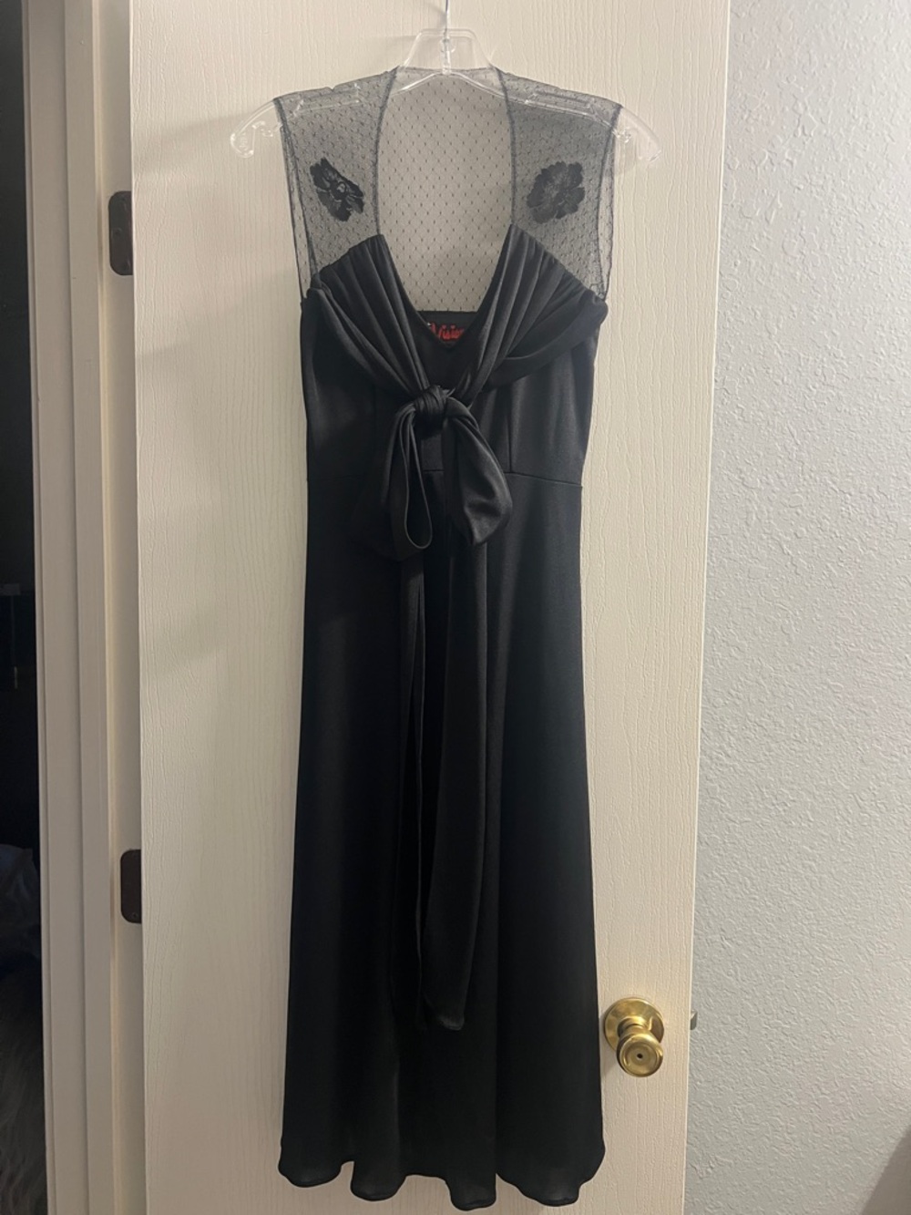 Black Midi Dress with Sheer Dotted Yoke and Front Tie
